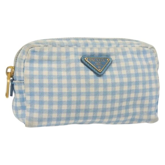 PRADA Pouch Canvas Light Blue Gold Auth 138852 - Picture 1 of 16
